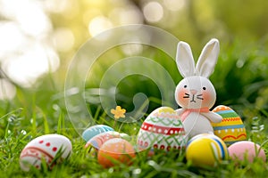 Happy easter wacky Eggs Rabbit Basket. Easter Bunny Caption area prank. Hare on meadow with Spring easter background wallpaper