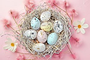 Happy easter warm regard Eggs Pastel sky blue Basket. White Jesus Christ Bunny artistic expression. Celebration background