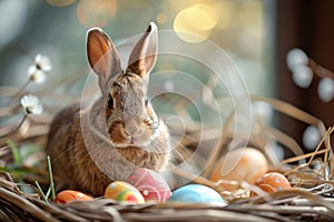 Happy easter warm wish Eggs Pastel soft blue Basket. White bunny wrap Bunny Rose Chiffon. lilac background wallpaper