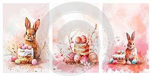 Happy Easter watercolor cards set with cute Easter rabbit, decorated eggs, spring blooming flowers and festive cake