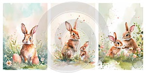 Happy Easter watercolor cards set with cute Easter rabbit, eggs and meadow with spring flowers. Springtime holiday