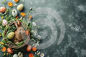 Happy easter Watercolor Eggs Easter basket gifts Basket. White mediterranean Bunny garden fence. flower background wallpaper