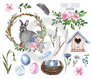 Watercolor Easter design elements. Hand painted bunny, willow twigs wreath, pussy willow branches, wild flowers, eggs, birdhouse