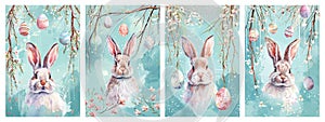 Happy Easter watercolor greeting cards set with cute Easter rabbit and hanging decorated eggs on pussy willow branches