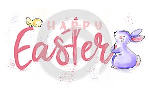 Happy Easter watercolor and ink vintage illustration with cute b