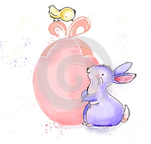 Happy Easter watercolor and ink vintage illustration with cute b