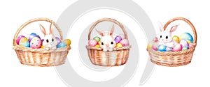 Happy Easter Watercolor Set. Easter rabbit in the baskets. Wicker basket of colorful eggs and cute bunny