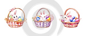 Happy Easter Watercolor Set. Easter rabbit in the baskets. Wicker basket of colorful eggs and cute bunny