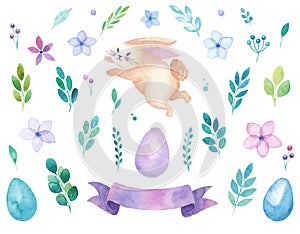 Happy Easter watercolor set of elements, colorful eggs, bunny, rabbit, flowers and twigs, purple ribbon banner, greetings card, is