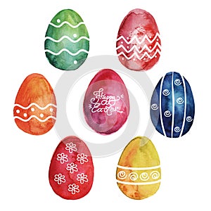 Happy Easter. Watercolor set of hand drawn colored Easter eggs isolated on white background.
