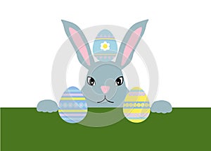 Happy Easter web banner. Greeting card with gray peeking rabbit with eggs. Bunny ears. Egg hunt