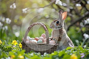 Happy easter well wish Eggs Easter Bunny Cups Basket. White renewal Bunny empty room. garnet background wallpaper