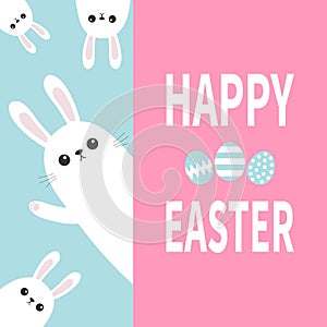 Happy Easter. White bunny rabbit family holding big signboard. Cute cartoon funny animal set hiding behind paper. Lettering text.