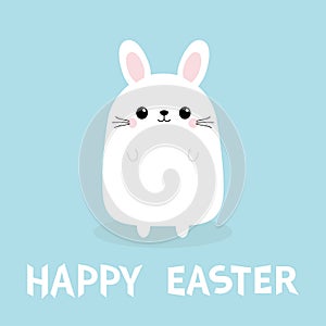 Happy Easter. White bunny rabbit. Funny face head body. Cute kawaii cartoon character. Baby greeting card. Blue background. Flat d