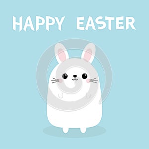 Happy Easter. White bunny rabbit. Funny head face. Cute kawaii cartoon character. Baby greeting card. Blue background. Flat design