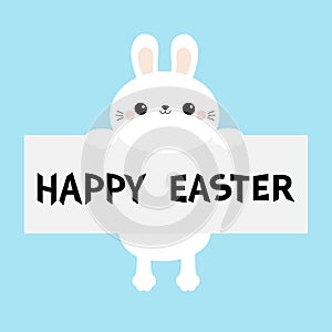 Happy Easter. White bunny rabbit hanging on paper board template. Paw print. Funny head face. Cute cartoon character. Kawaii