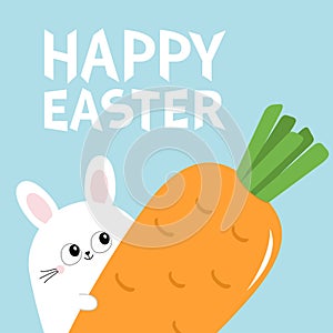Happy Easter White bunny rabbit holding big carrot. Funny head face, eyes, ears. Cute kawaii cartoon character. Baby greeting card