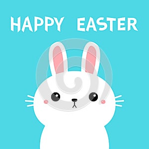 Happy Easter. White bunny rabbit. Kawaii cartoon character. Cute funny head face. Pink cheeks. Baby greeting card template.