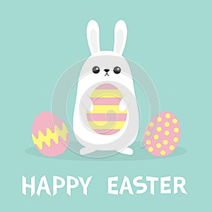 Happy Easter. White bunny rabbit Painted pattern egg set. Flat design. Funny head face. Big ears. Cute kawaii cartoon character. B