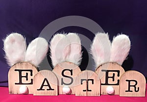 Happy Easter white fur bunny ears wood boards