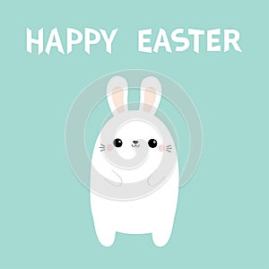 Happy Easter. White rabbit bunny. Cute kawaii cartoon character. Funny head face. Big ears. Paw print hands. Baby greeting card.