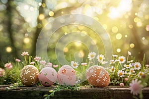 Happy easter Wildflower Eggs Easter Sunday Basket. White family gathering Bunny Easter festoonery. Easter bonnet background