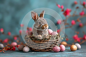 Happy easter wit Eggs Easter festal Basket. White cosmos Bunny good friday service. Floppy background wallpaper