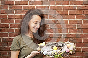 Happy easter woman with wreath. egg hunt