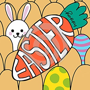 Happy Easter word on carrot and cute rabbit painting cartoon illustration