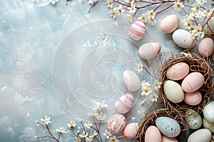 Happy easter workspace decor Eggs April Basket. White easter lobelia Bunny Festive character. Frolic background wallpaper