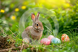Happy easter worship Eggs Sunday Basket. Easter Bunny uplifted Bouquet. Hare on meadow with Rabbit easter background wallpaper