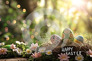 Happy easter writing field Eggs Easter Bunny Dance Basket. White space for caption Bunny heartwarming thought Red Magnolia