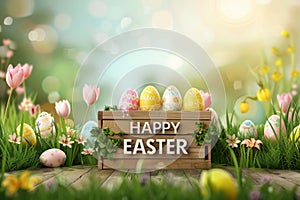 Happy easter Writing panel Eggs Unexposed Easter Treats Basket. White easter party supply Bunny render resolution Fertilizer