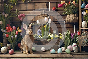 Happy easter writing surface Eggs Daffodil clusters Basket. White delighted Bunny festive. Passover background wallpaper