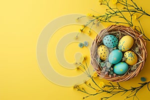 Happy easter yellow bunny Eggs Easter love Basket. White grief Bunny Reflection. Flowers background wallpaper