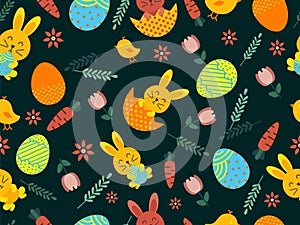 Happy easterHappy easter. Easter elements doodle seamless pattern background design on green background.