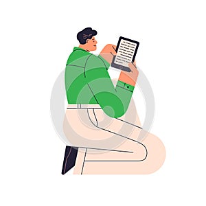Happy ebook reader. Person with tablet PC in hands reading electronic book. Man relaxing and enjoying digital literature