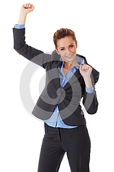 Happy and ecstatic businesswoman on white