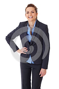 Happy and ecstatic businesswoman on white