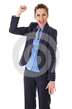 Happy and ecstatic businesswoman on white