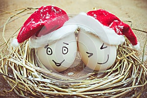 Happy eggs with painted faces in the nest for Christmas