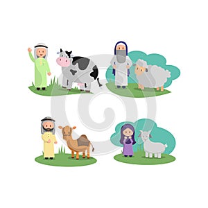 Happy Eid Adha. Celebration of Muslim holiday the sacrifice a camel, sheep, cow and goat Set
