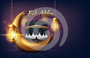 Happy Eid Adha. with Kabah and gold Crescent. Islamic background