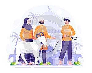 Happy Eid Adha Mubarak. Muslim People bring a goat for Qurban or Sacrifice on Eid Al Adha Illustration
