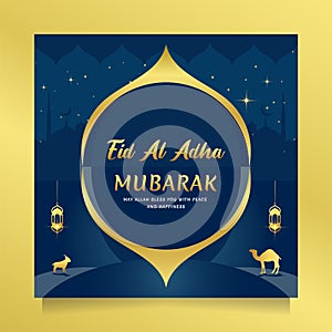 Happy Eid al adha greeting social media post with gold and blue color. Vector illustration islamic background with beautiful
