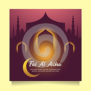 Happy Eid al adha greeting social media post with gold and purple color. Vector illustration islamic background with beautiful