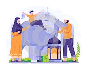 Happy Eid Al Adha Mubarak Greeting. A Muslim Family celebrates Eid Al Adha with a Camel Illustration