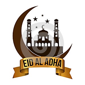 Happy Eid Al Adha Muslim festival celebration. Eid Al Adha calligraphy design with golden arabesque decorations, golden ribbon,