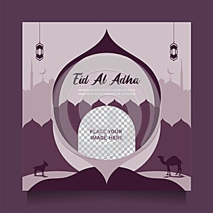 Happy Eid al adha social media post greeting and promotion with modern purple color.Happy Eid al adha social media post greeting