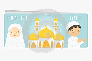 Happy Eid Al-Fitr Banner, Muslim Kids and a Mosque Vector Design